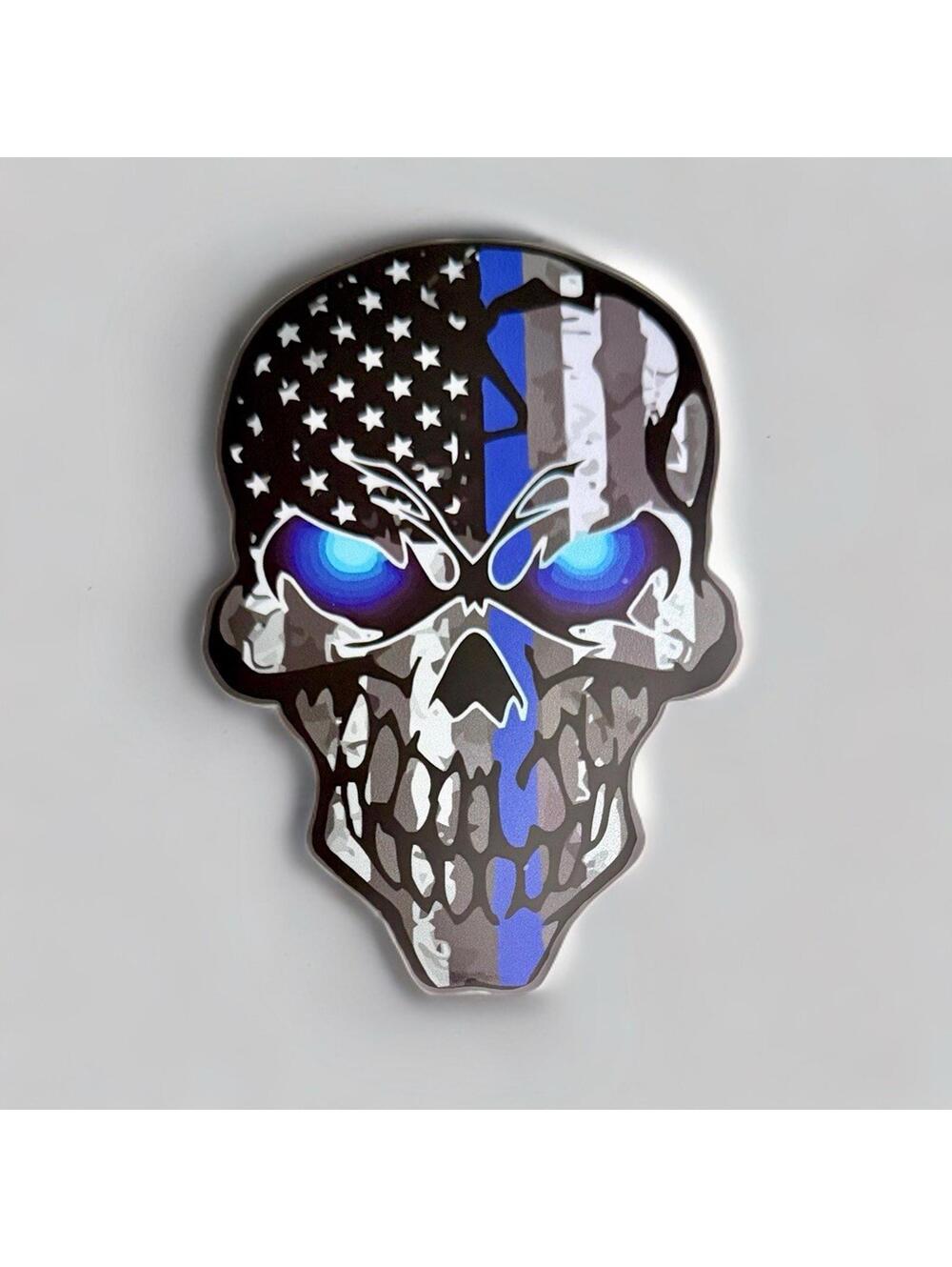 Decal - Thin Blue Line Skull, Back The Blue Police Law Enforcement, Reflective